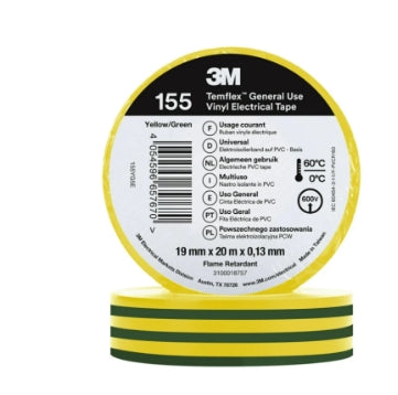 3M Temflex 155 Green, Yellow Vinyl Electrical Tape, 19mm x 20m